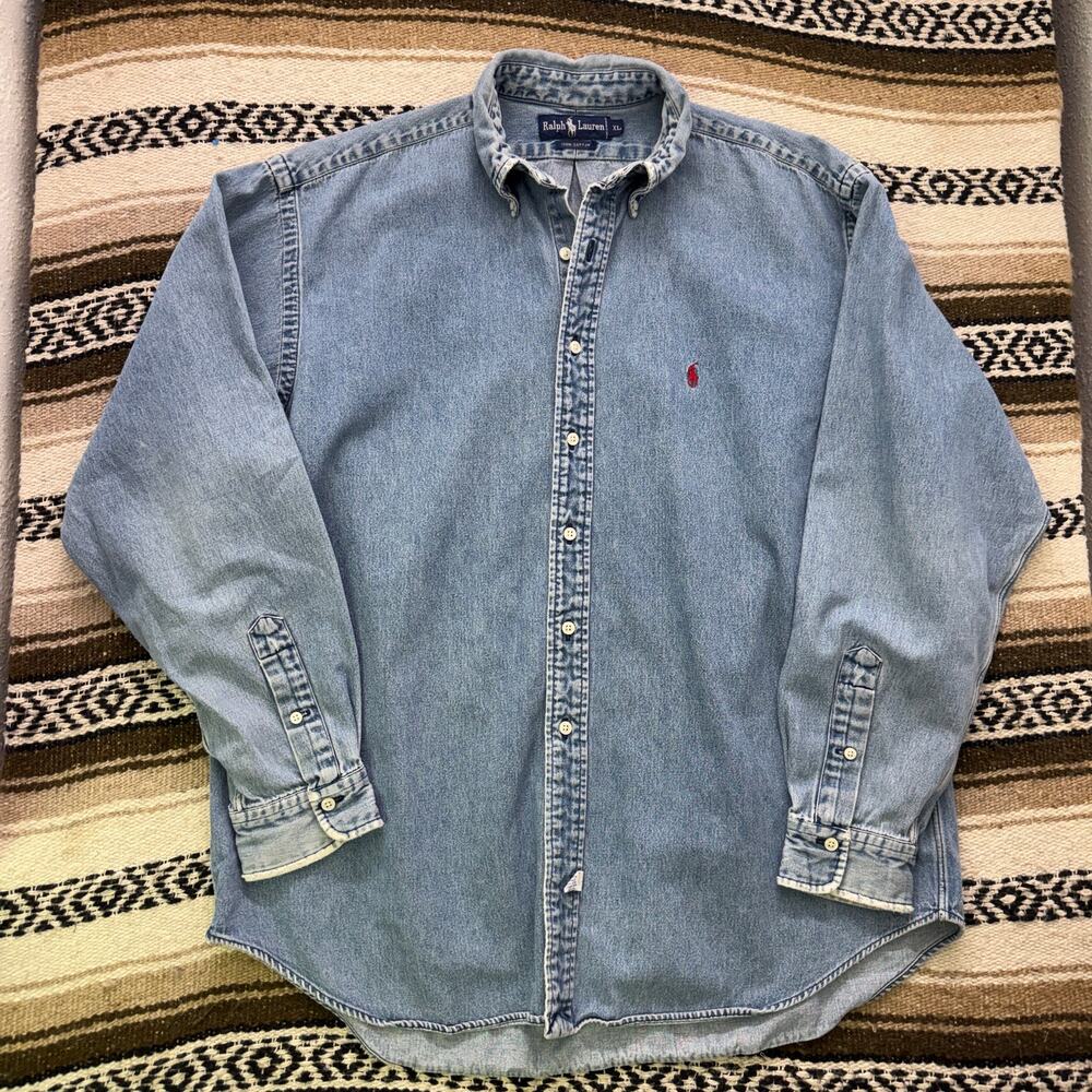 Men's Vintage 90's Polo Ralph Lauren Denim Blue Jean Red Button Up Shirt Sz XL